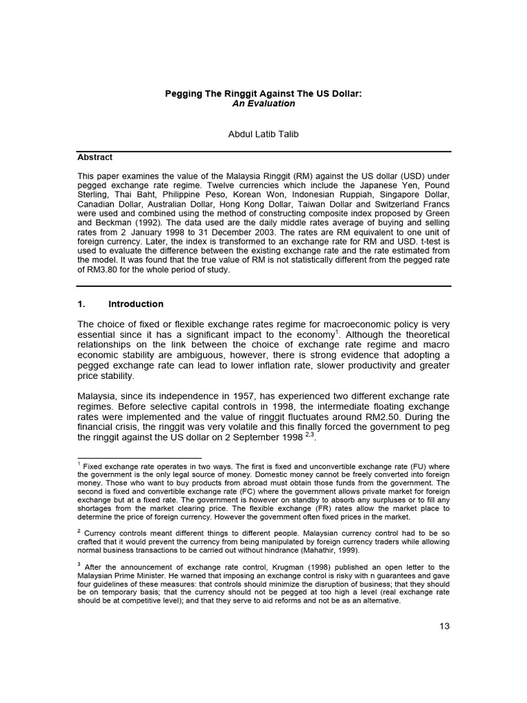 Pegging The Ringgit Against The US Dollar:: An Evaluation | PDF