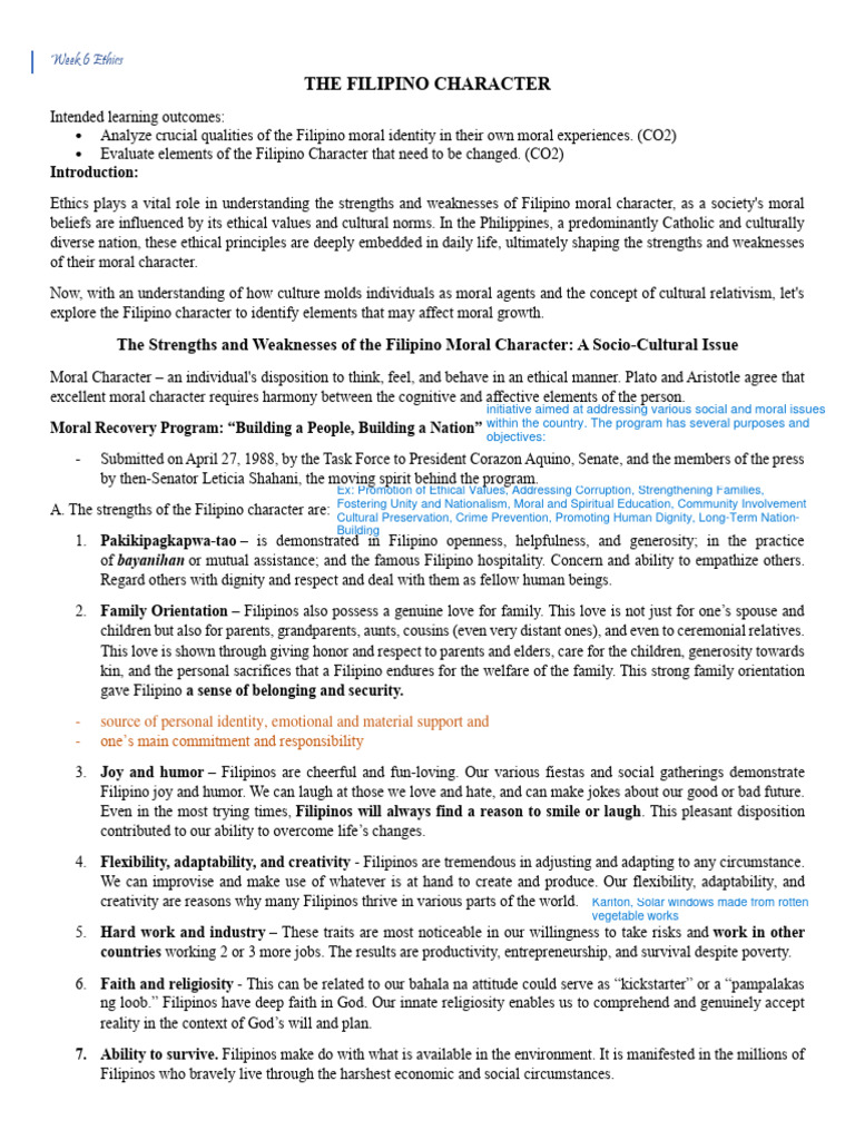 Week 6 The Filipino Character (TG) | PDF | Morality | Disciplines