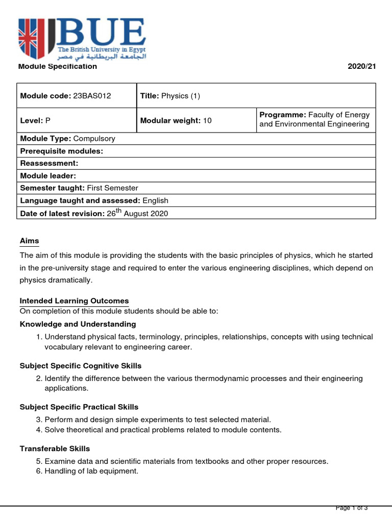 Module Specification | PDF | Engineering | Heat