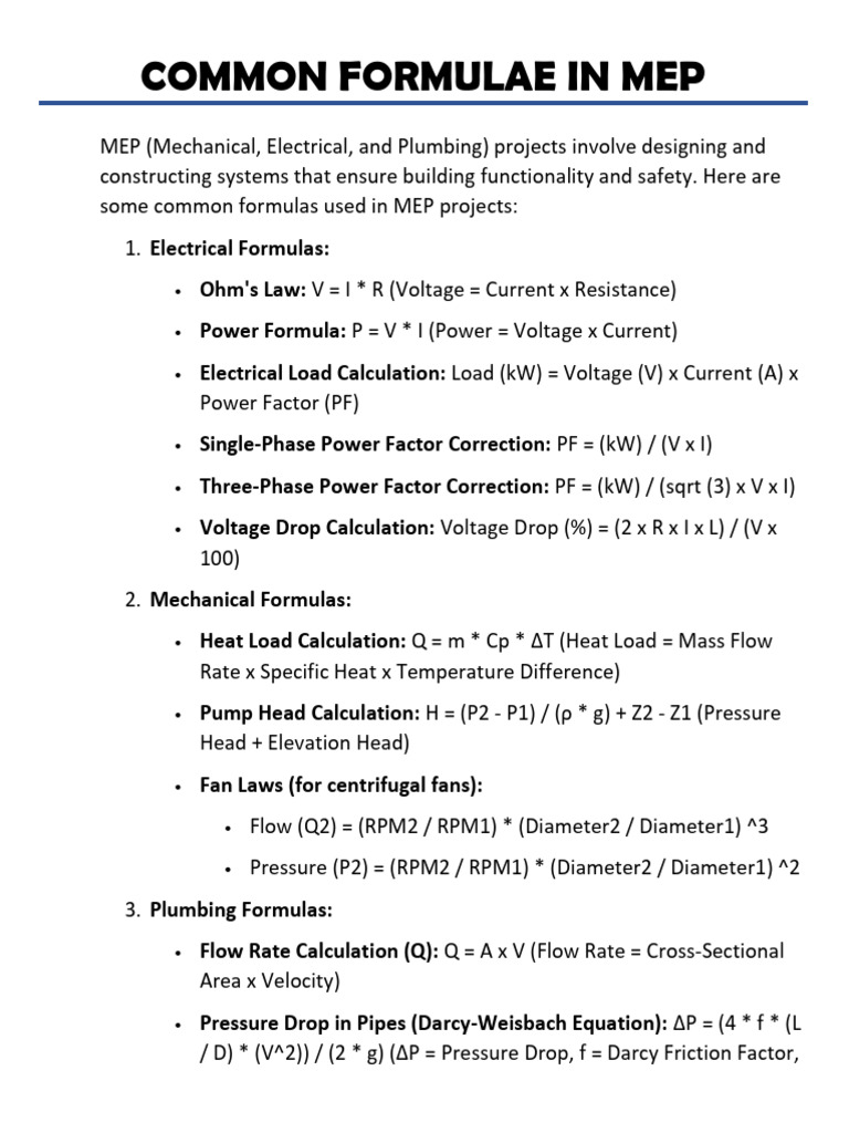 Essential MEP Calculation Formulas | PDF | Science & Mathematics