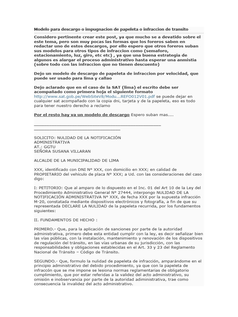 Modelo de Descargo por Infracción de Tránsito | PDF | Finanzas y dinero ...