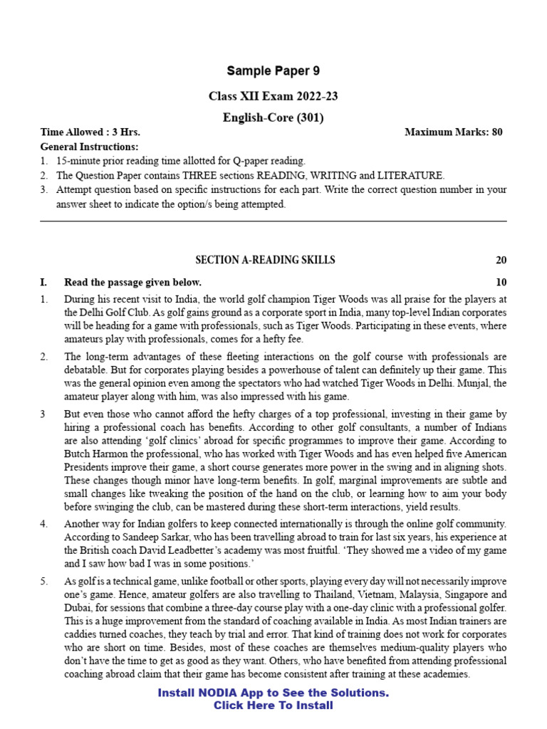 EN Sample Paper 9 Unsolved | PDF