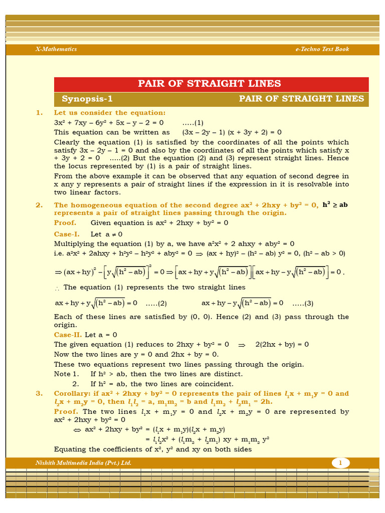Pair of Straight Lines in Mathematics | PDF