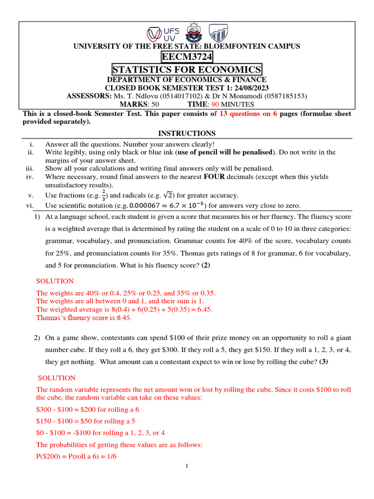 Statistics for Economics Test 2023 | PDF | Random Variable | Standard Score