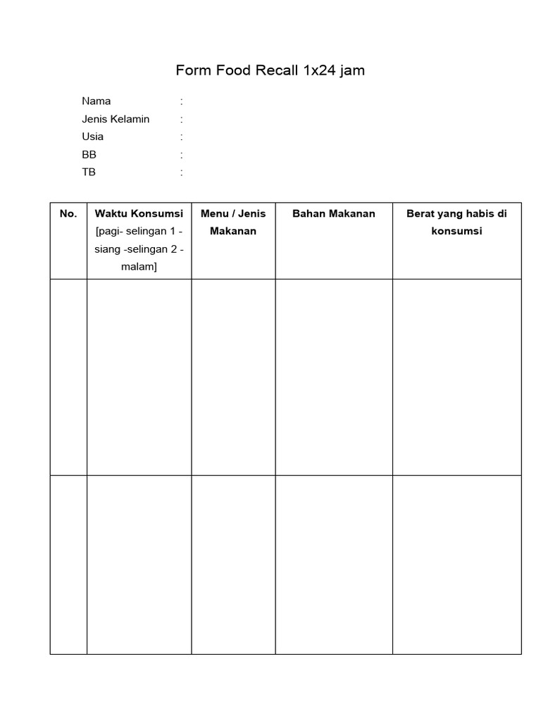 Formulir Recall Makanan Harian | PDF