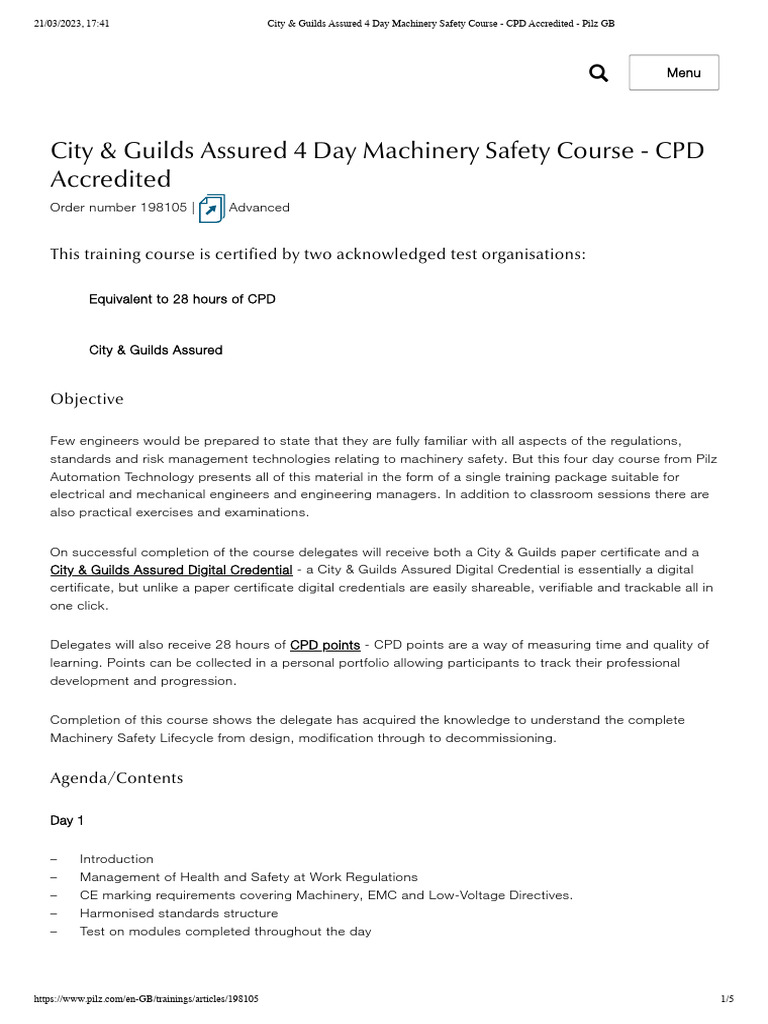 City & Guilds Assured 4 Day Machinery Safety Course CPD Accredited