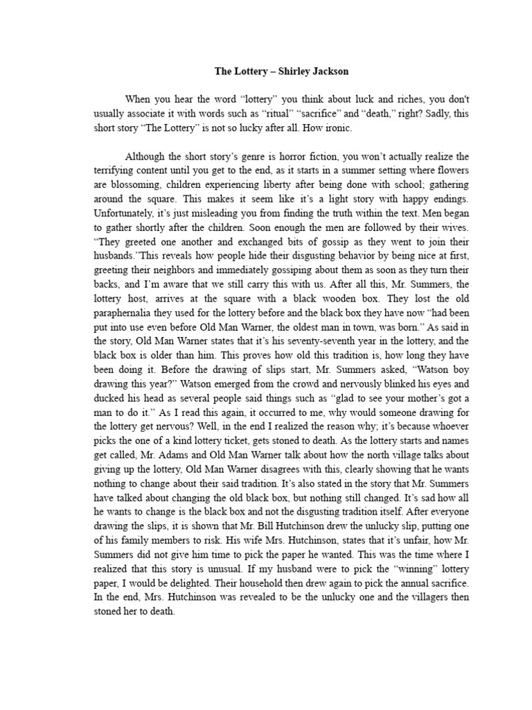 The Lottery Shirley Jackson Pdf