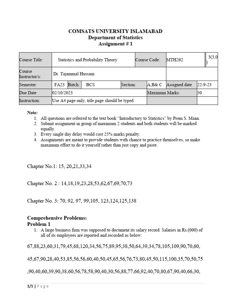 Statistics and Probability Assignment FA23 | PDF | Mean | Statistics
