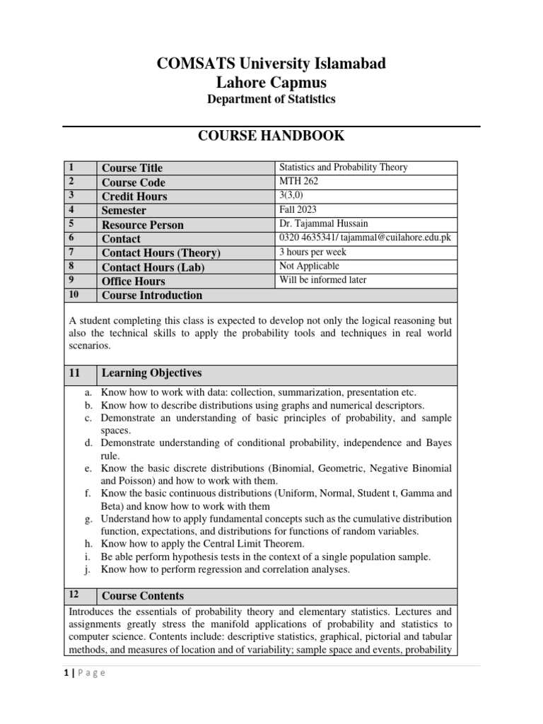 Course Outline - MTH262 - Fa20 | PDF | Probability Distribution ...