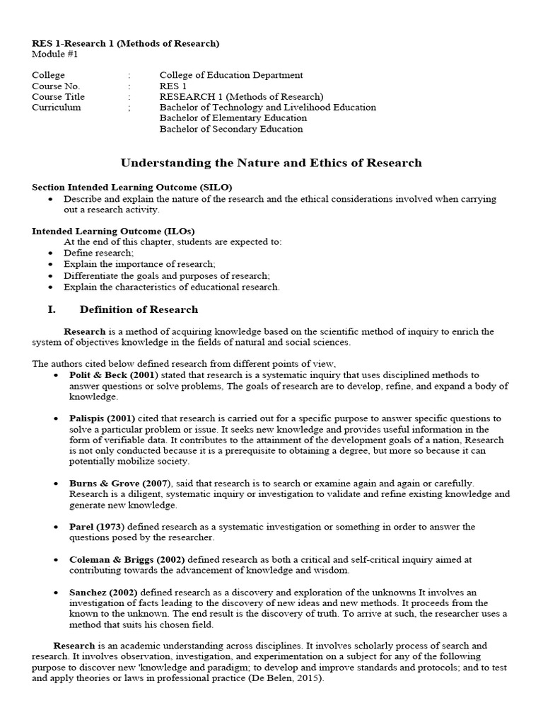 RES 1 Module 1 Understanding The Nature and Ethics of Research | PDF