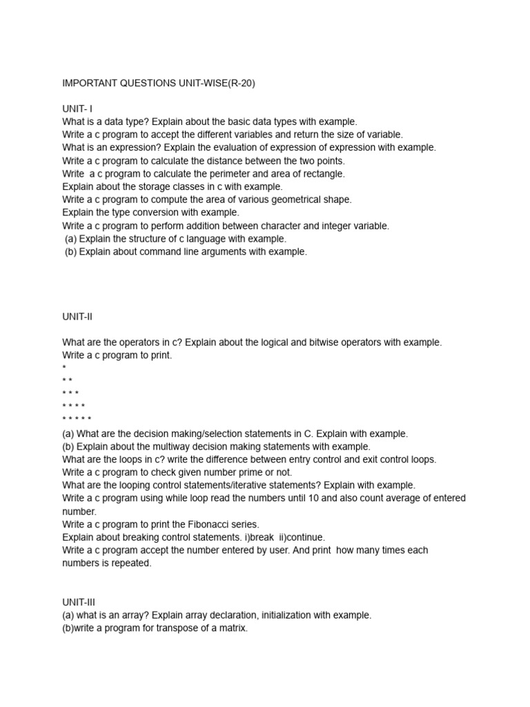 C Important Questions UnitWise (R20) PDF