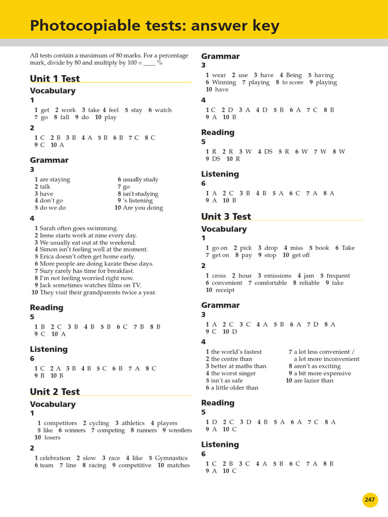Pre-Intermediate Unit Tests Answerkey | PDF