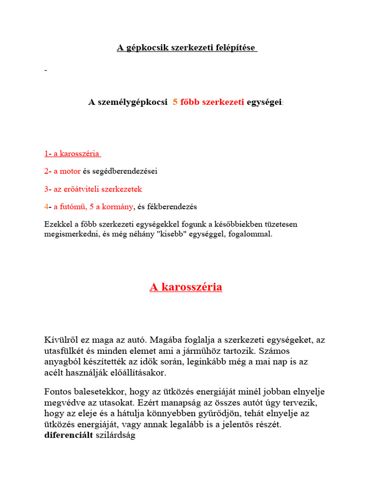 A Gépkocsik Szerkezeti Felépítése | PDF