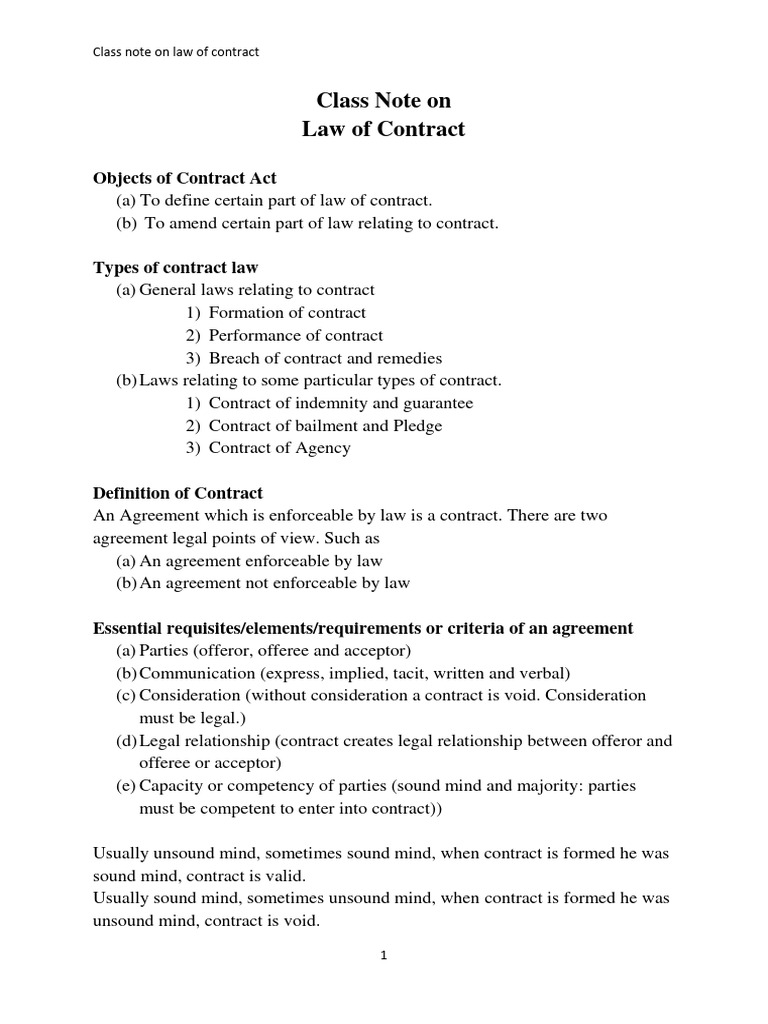 Law of Contract Class Notes | PDF | Offer And Acceptance | Consideration