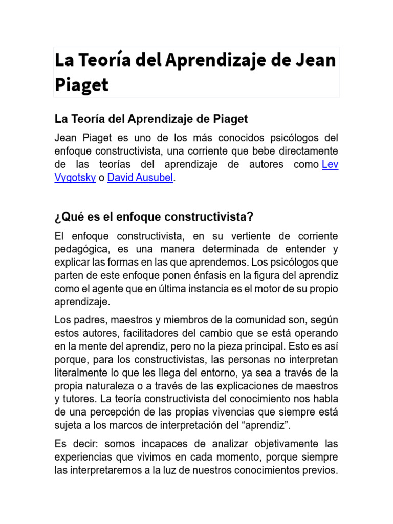 La Teoría Del Aprendizaje de Jean Piaget | PDF