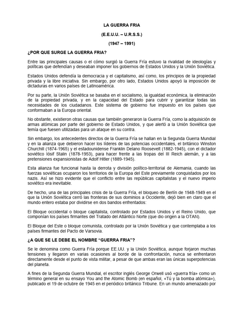 Causas y Contexto de la Guerra Fría | PDF | Disolución De La Unión ...