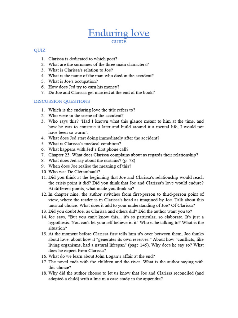 Enduring Love: Quiz and Discussion Guide | PDF | Mystery, Thriller ...
