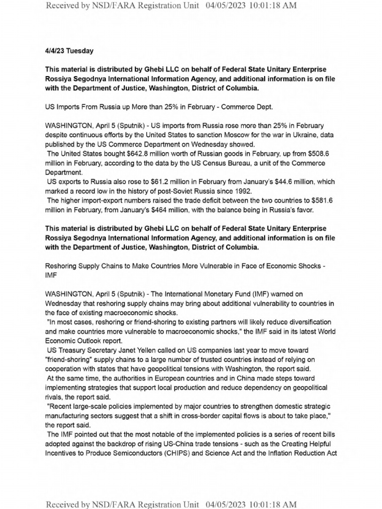 FARA # 6869 Informational Materials 20230405 770 | PDF | Politics