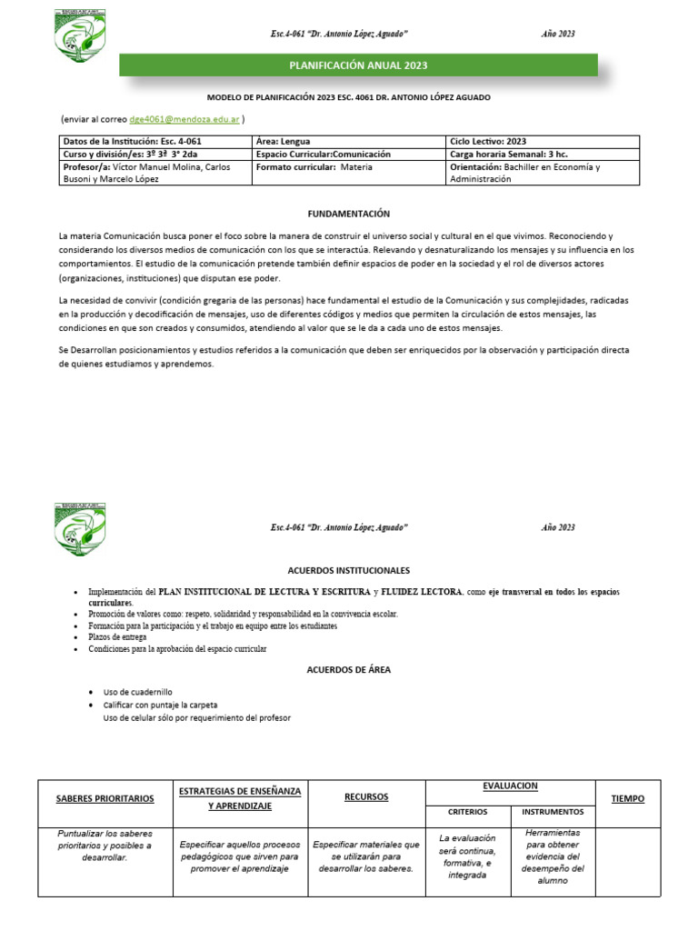 Plan Comunicación 2023 Esc. 4061 | PDF | Crecimiento personal y profesional