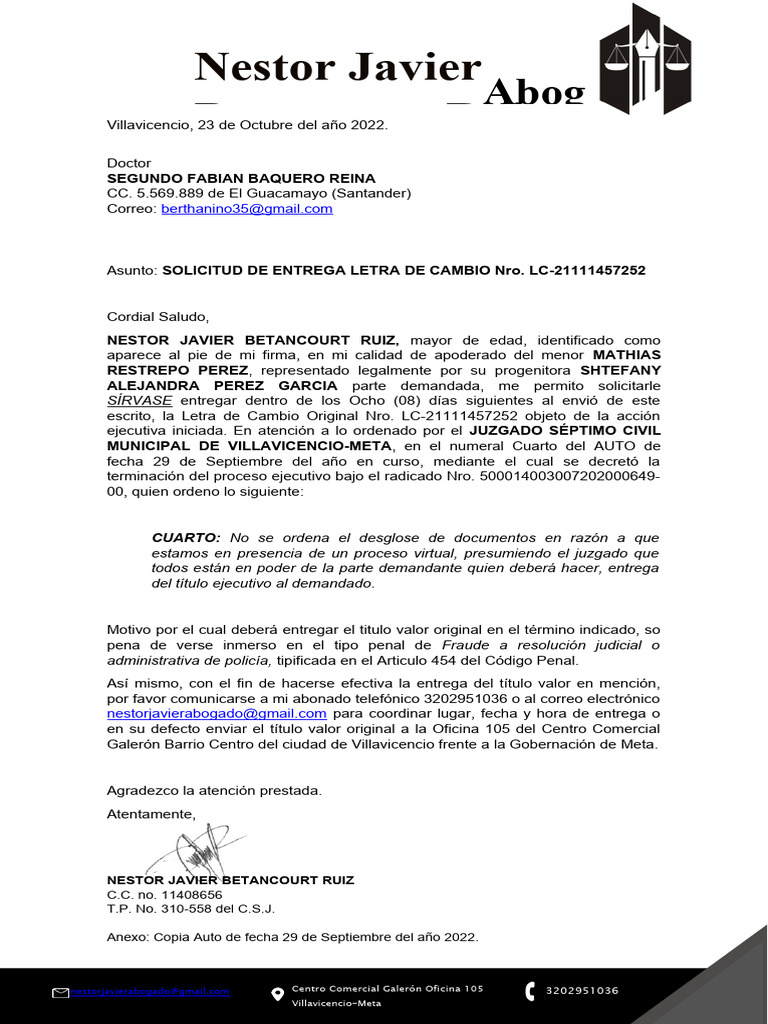 Solicitud de Entrega de Letra de Cambio | PDF | Justicia | Crimen y ...