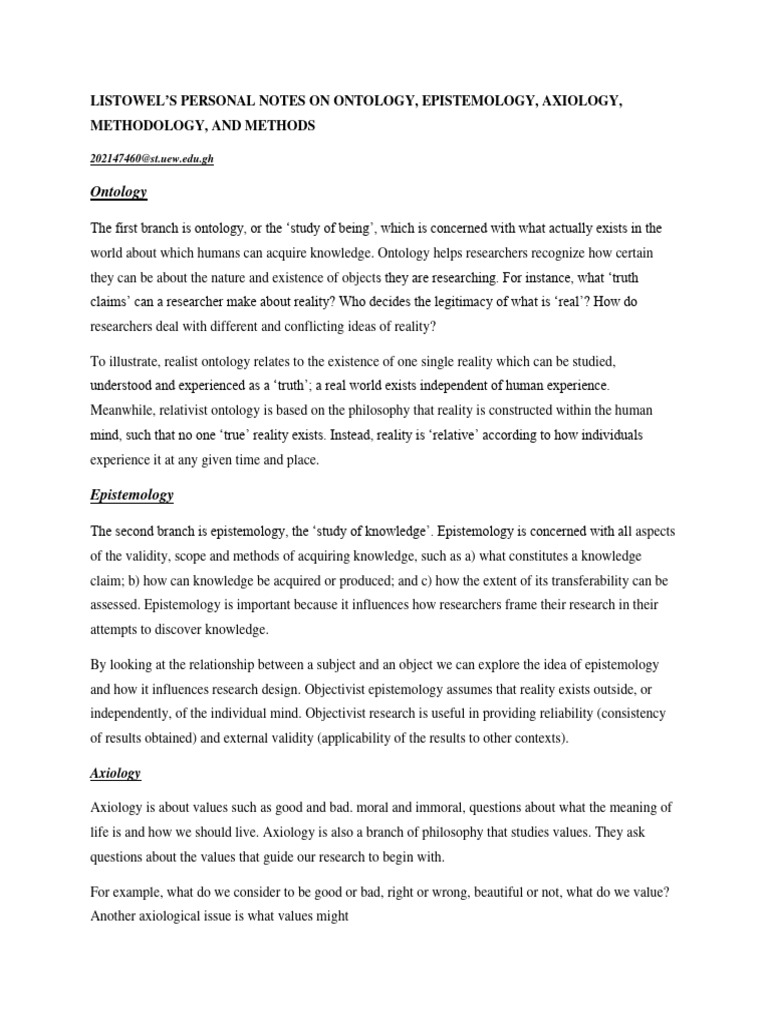 Ontology Epistemology Axiology Methodology And Methods Download