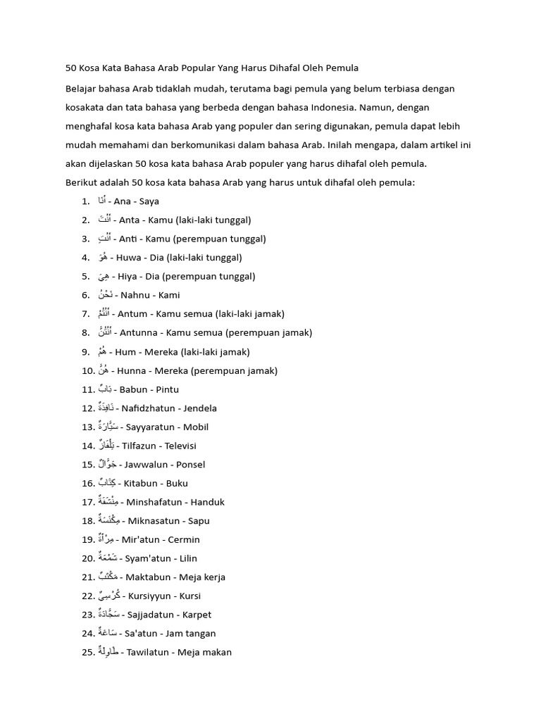 50 Kosa Kata Bahasa Arab Popular Yang Harus Dihafal Oleh Pemula | PDF