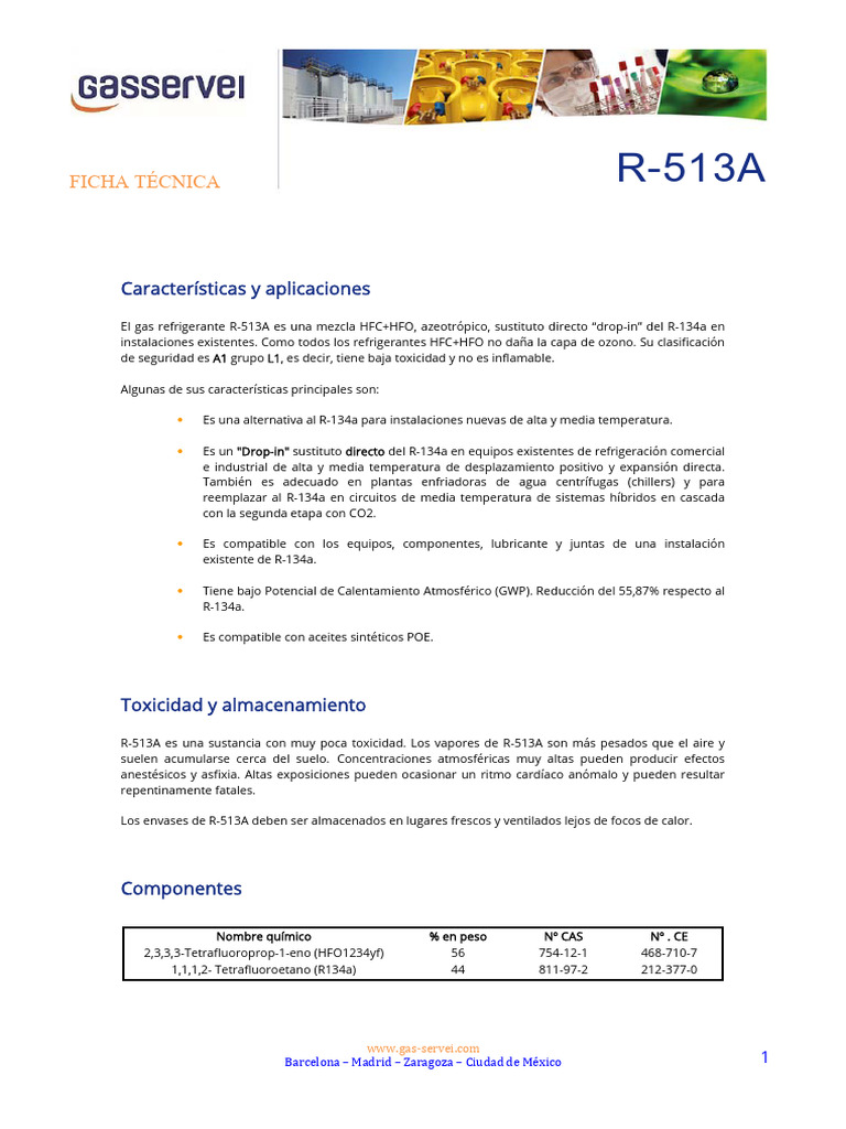 Ficha Tecnica R 513a Gas Servei | PDF | Materiales | Cantidades fisicas