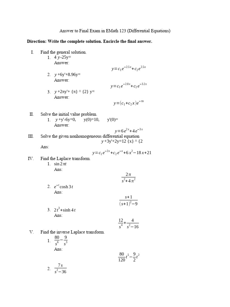 Answer To Final Exam in Differential Equations | PDF