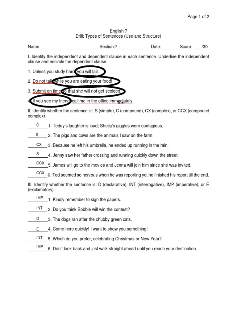 Sentence Structure Drills for Class 7 | PDF | Sentence (Linguistics ...