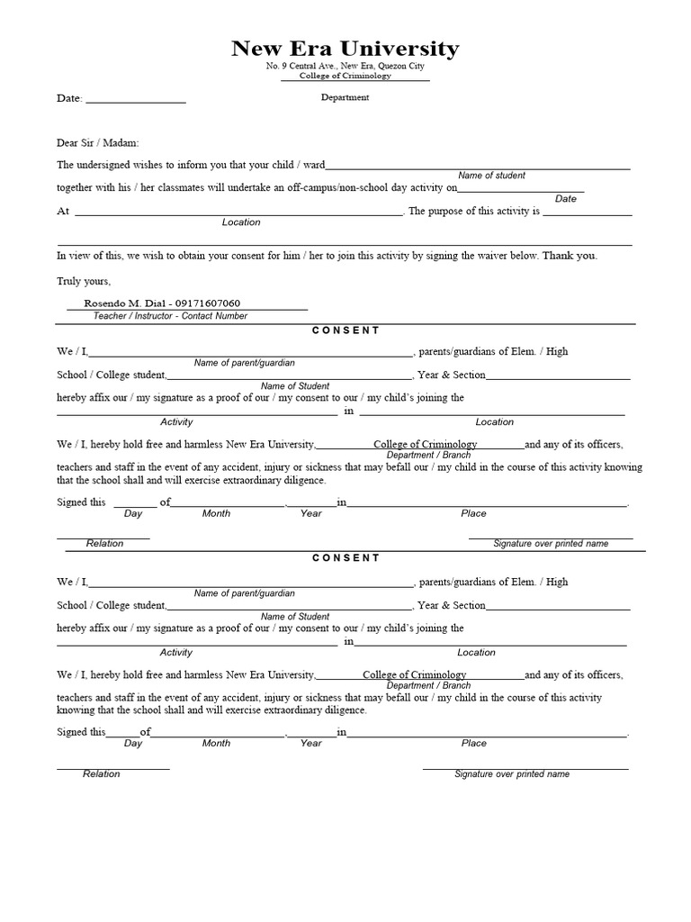 Consent Form for Student Activity | PDF | Human Development | Human ...