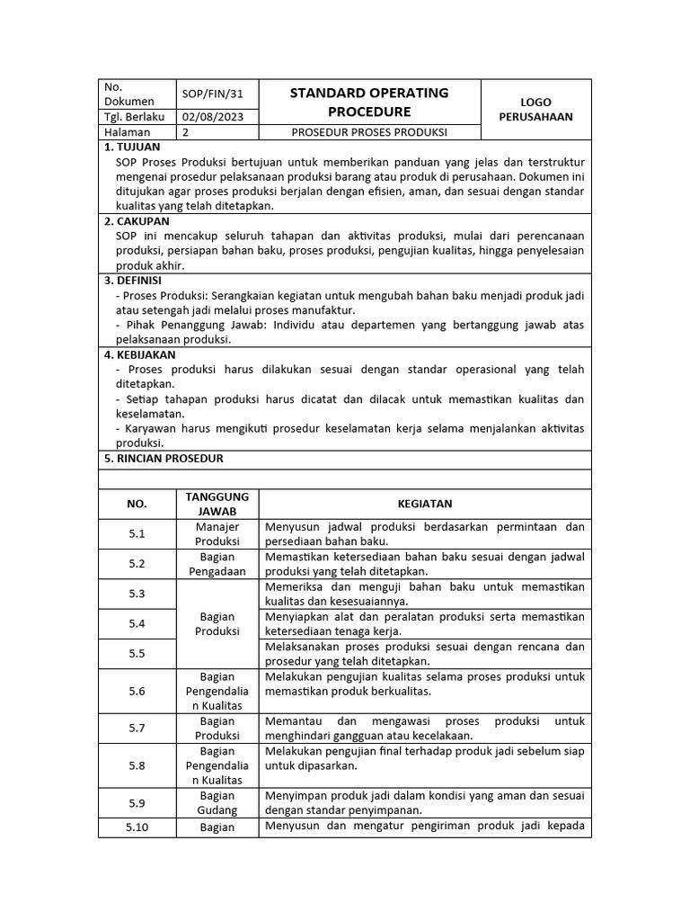SOP Proses Produksi | PDF