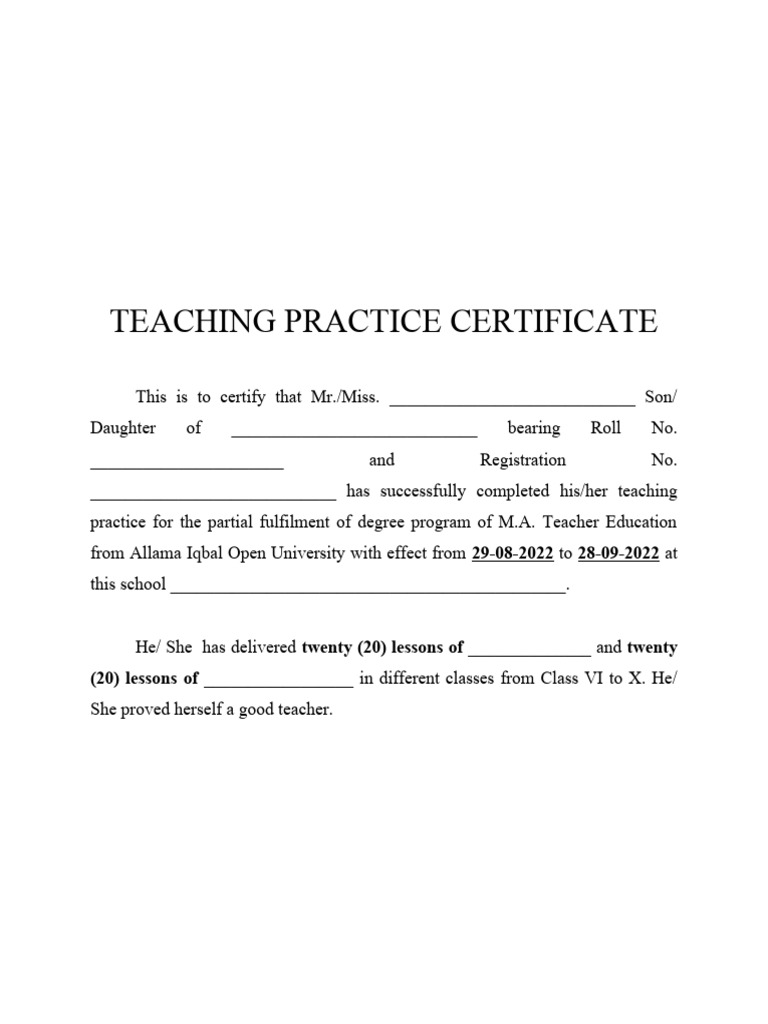 Teaching Practice Certificate Template | PDF