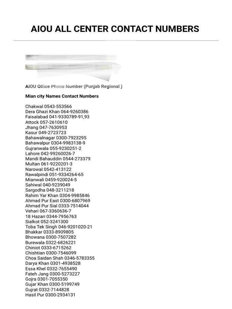 AIOU Regional Contact Numbers List | PDF | Pakistan
