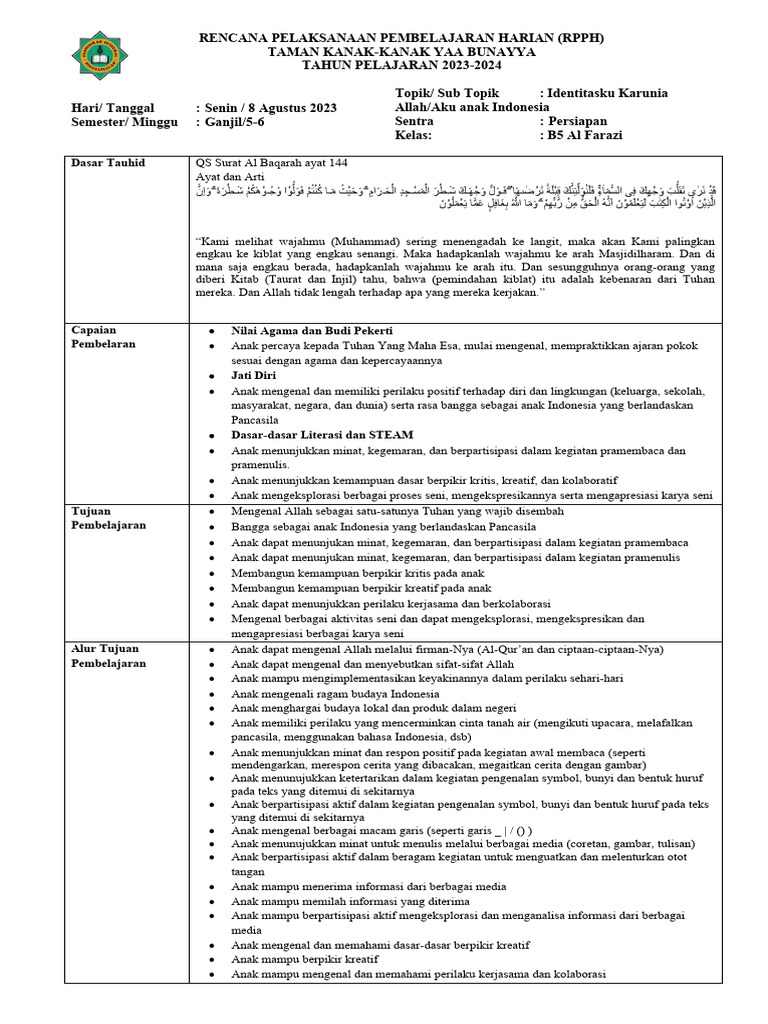 RPPH Taman Kanak-Kanak 2023-2024 | PDF