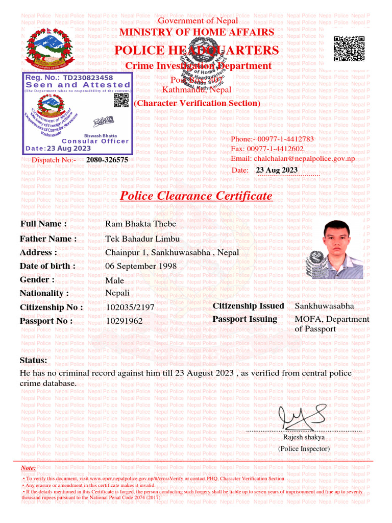 Nepal Police Clearance Certificate | PDF