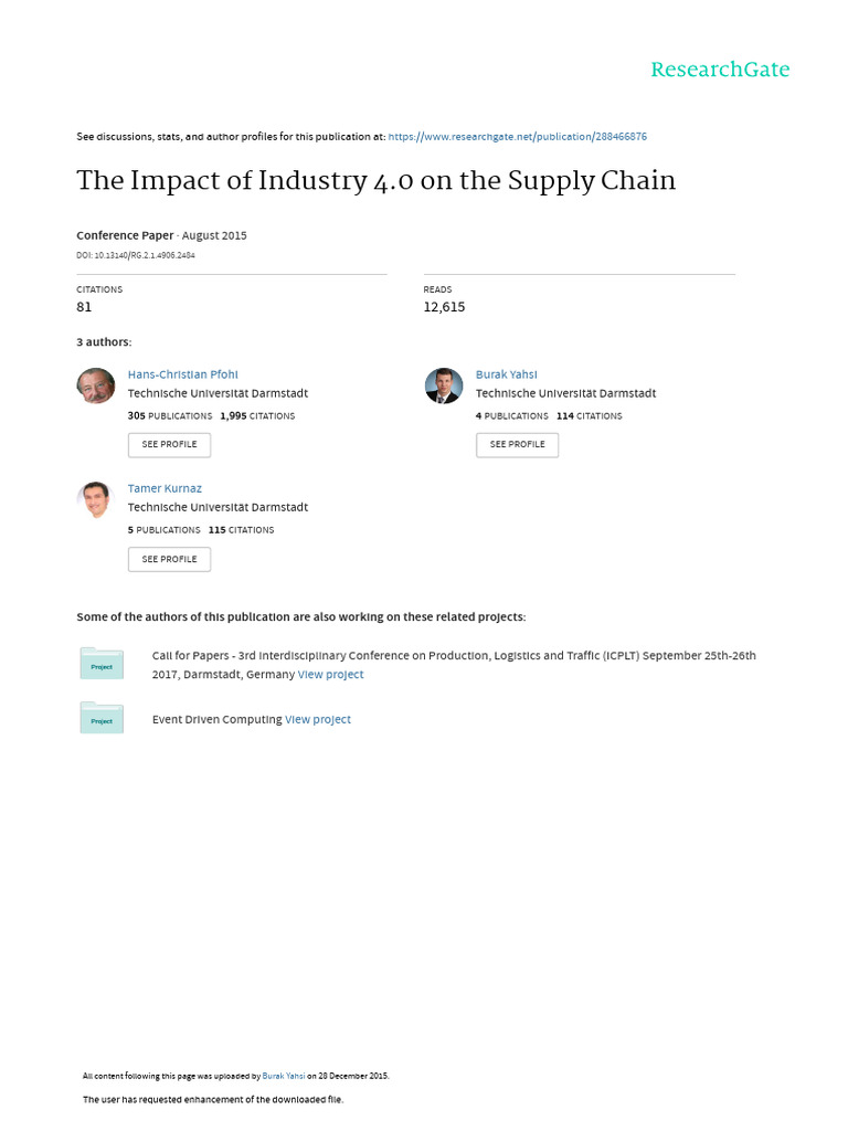 Pfohl 2015 Impact Industry 40 Supply Chain | PDF