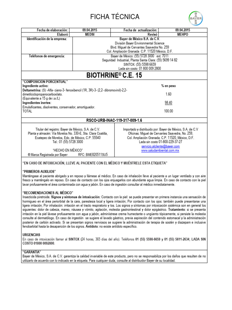 Biothrine Ce 15 Ft Pdf Agua Insectos