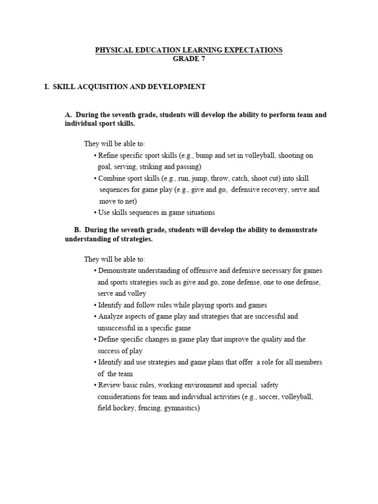 Grade 7 Physical Education Standards | PDF | Physical Fitness | Psychology
