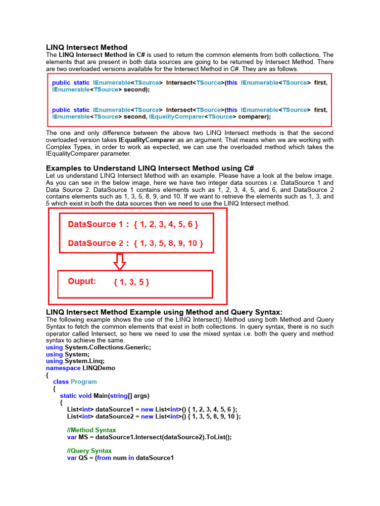 LINQ Intersect Method in C# Guide | PDF | Language Integrated Query | C ...