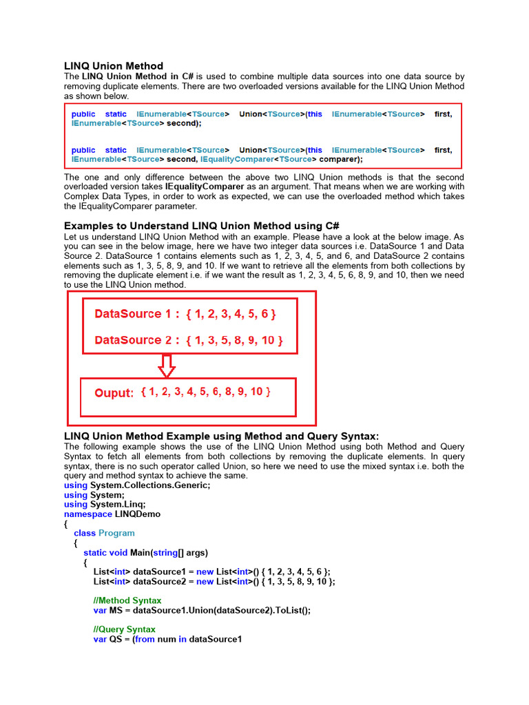 LINQ Union Method Guide for C# | PDF | Language Integrated Query | C ...