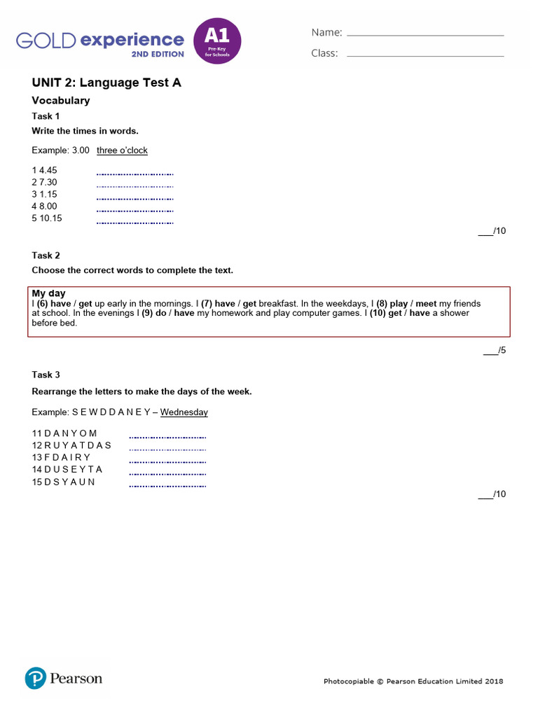 Gold Exp A1 U2 Lang Test A | PDF