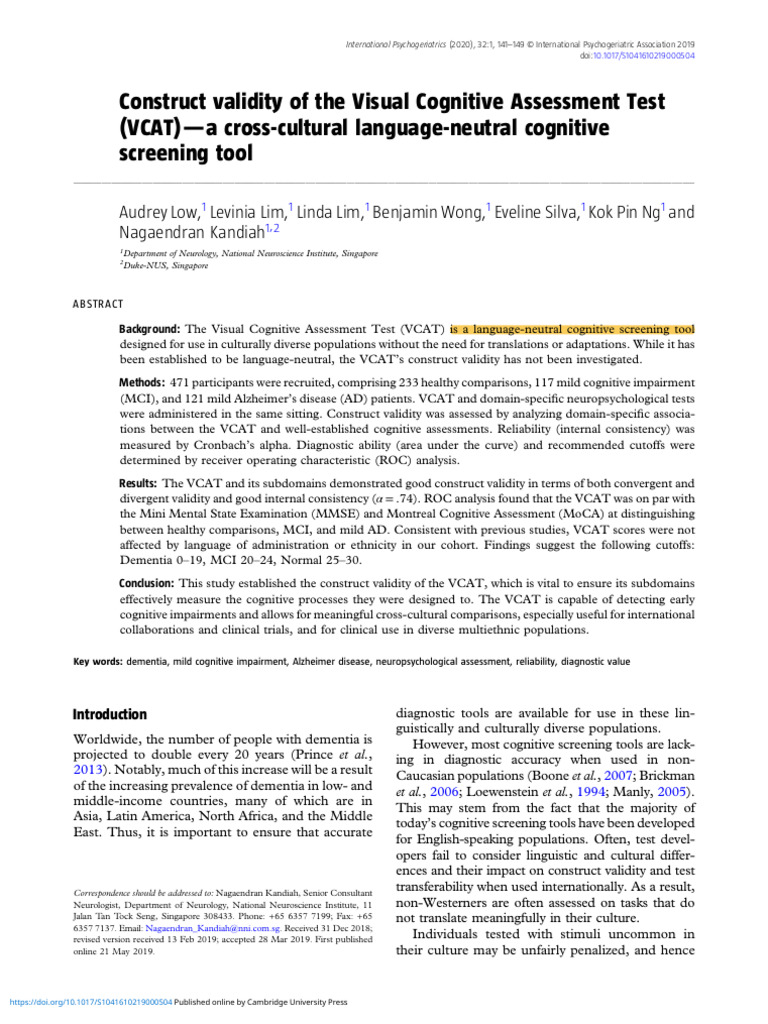 Construct Validity of The Visual Cognitive Assessment Test (VCAT) A