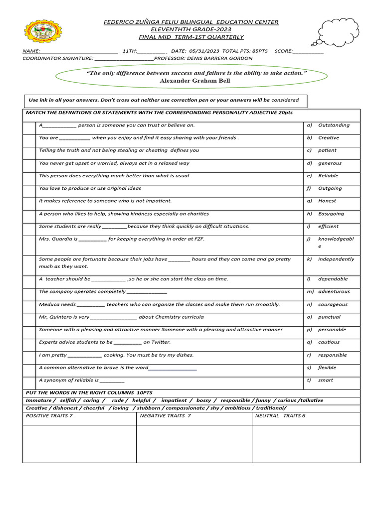 2 Abc First Quarterly Test of English 11º | PDF