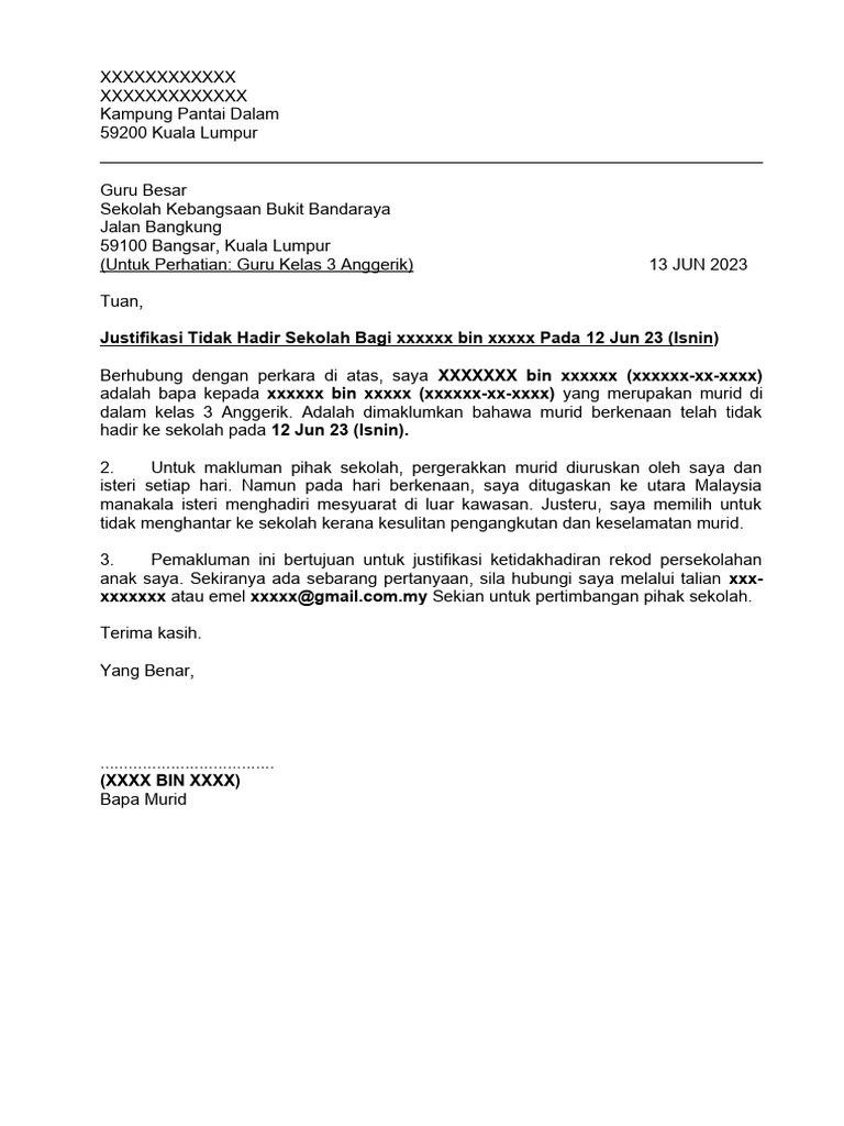 Contoh Surat Tidak Hadir Sekolah | PDF