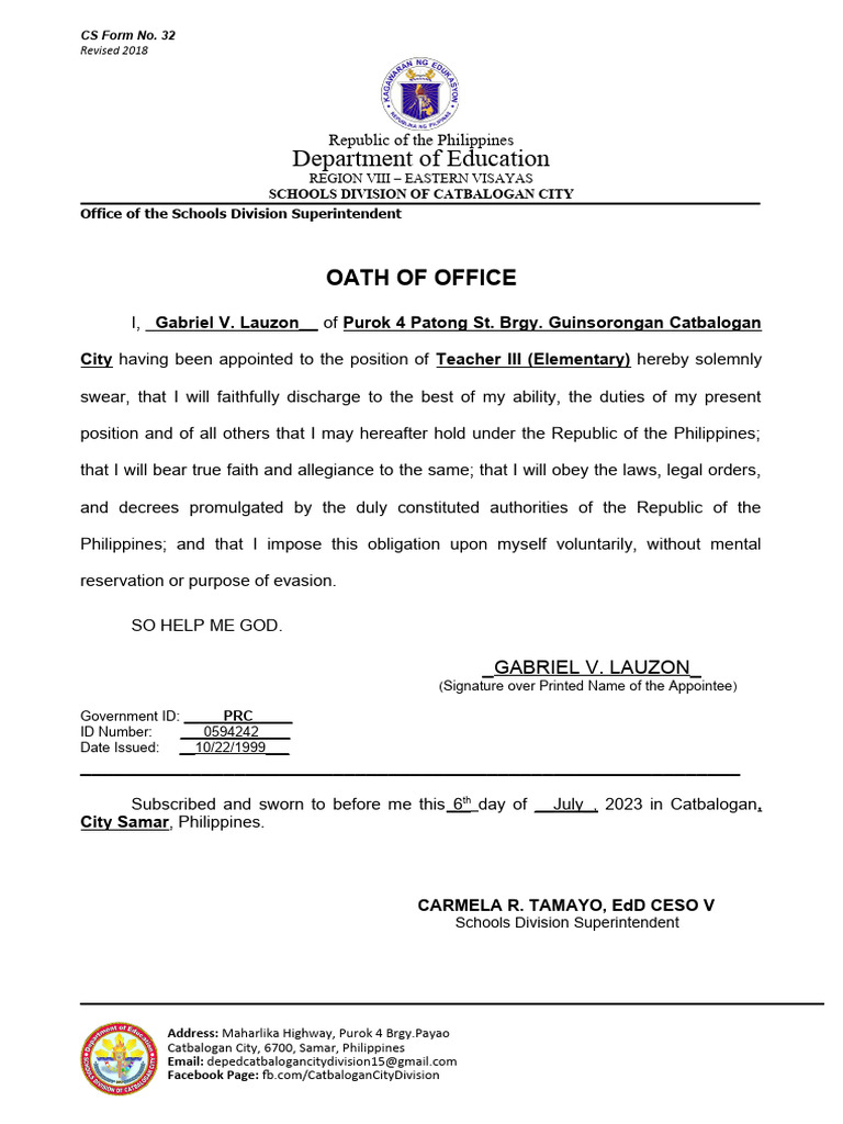 Teacher III Oath of Office - Catbalogan | PDF | Social Science