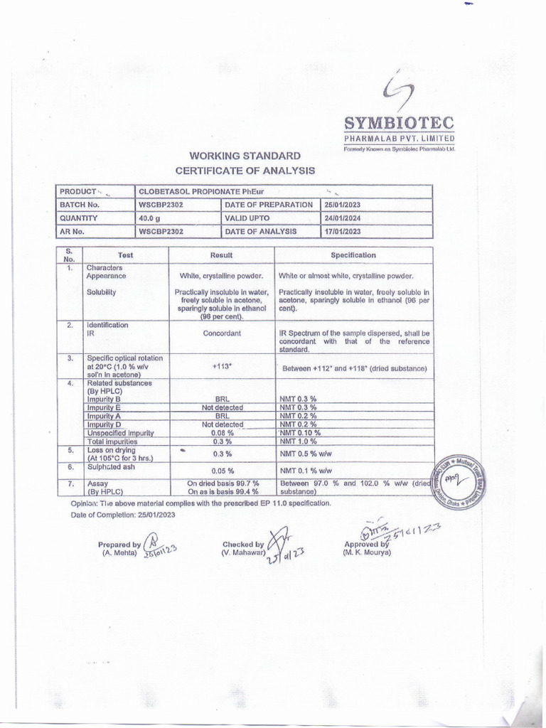 Clobetasol Propionate Ph. Eur. - (SP-WS-COA) - (WSCBP2302) - (Symbiotec ...