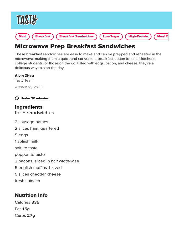 Microwave Prep Breakfast Sandwiches Recipe by Tasty | PDF