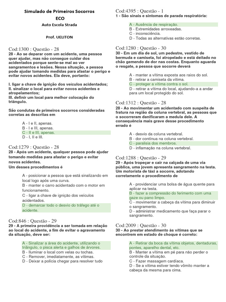 Simulado de Primeiros Socorros - ECO-2 | PDF | Primeiros socorros | Tráfego