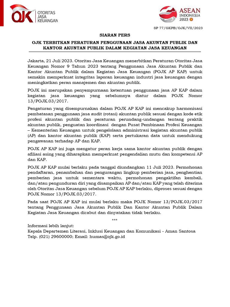 POJK 9 Tahun 2023 - Rotasi AP (1) | PDF