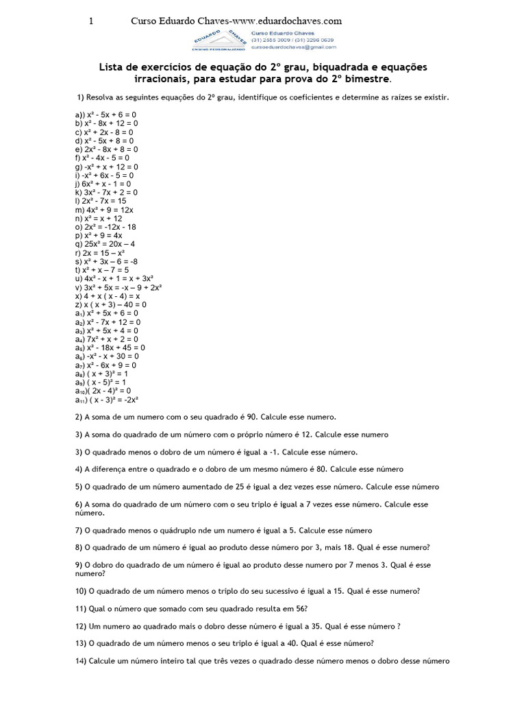 Atividades equa o do 2 grau biquadradas e irracionais pdf
